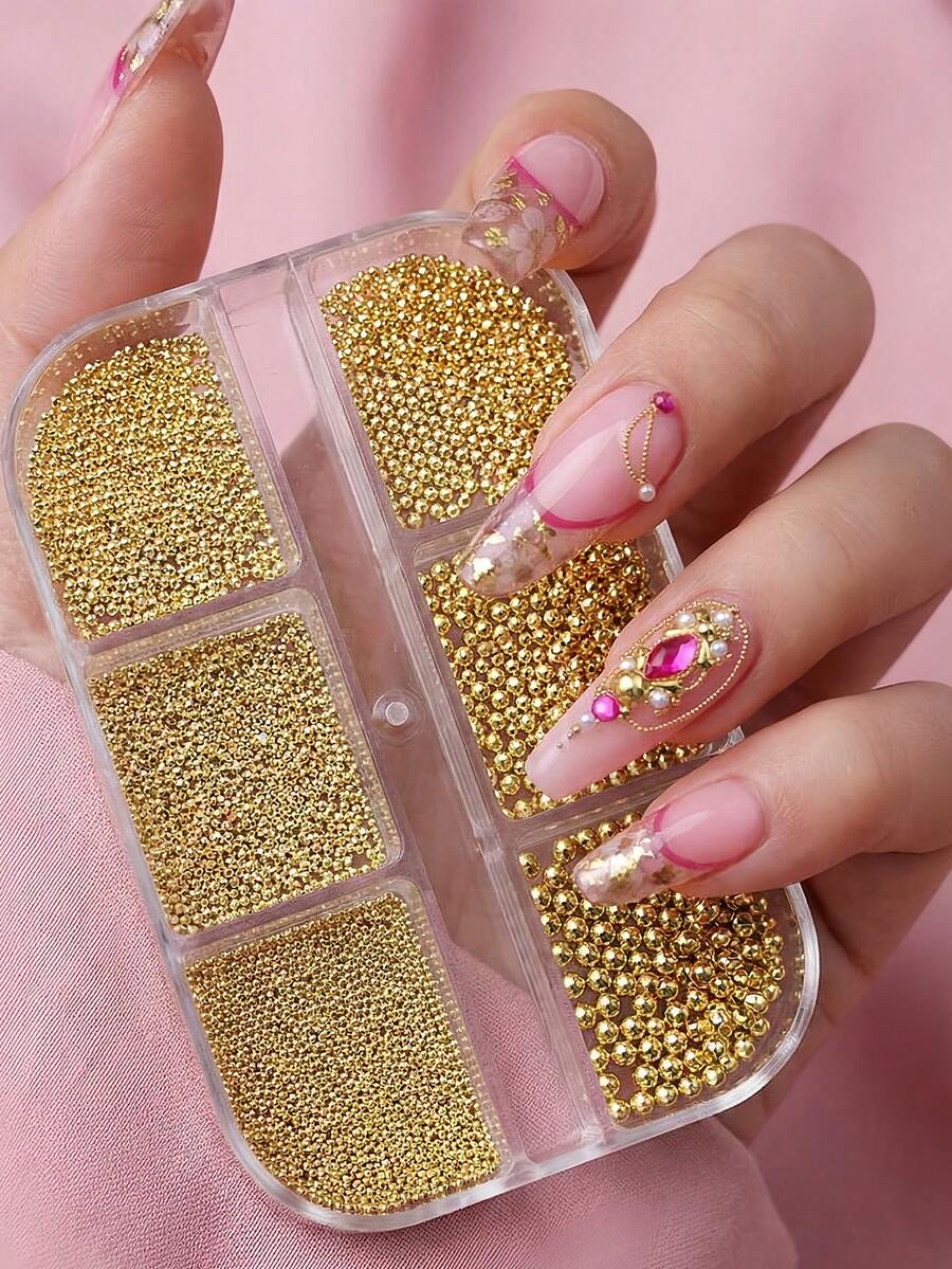 6 Fächer Metallic Perlen Kaviar Nagelkunst Strass Kristall Dekorationen für Nägel