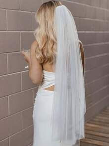 1pc Solid Color Long Simple Elegant Single Layer Bridal Veil, Suitable For Weddings, Soft Mesh Women's Holiday Headpiece Fall Clothes For Women