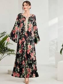 Long Sleeve Notched Neck Woven Fabric Arabian Dress With Floral Print Asymmetrical Design And Contrast Binding Details - Multicolor - View 8