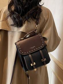 轻便、便携式复古拼色小背包/单肩包，适合女士，适合大学生的学校背包，非常适合大学、商务、工作、通勤、返校、书包、便携式、笔记本电脑隔层、大容量，适合少女、女大学生、大学、初中、高中、户外、旅行、郊游、小学、办公室 - 黑色 - 查看 5