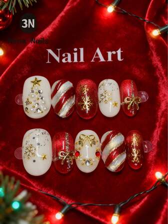 10-Piece/Set Christmas Red Cat-Eye 3D Bow Full-Cover Handmade Nails, Reusable, Available In Four Sizes, Suitable For Girls/Women, Actresses, Stage Performances, Holidays, Parties, Weddings, And Everyday Wear, Perfect For Christmas, New Year's, And Other Festive Occasions.