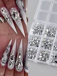 1 Box Luxury Nail Art Rhinestones, Transparent White Shiny Gemstone Heart & Water Drop Shaped 3D Nail Jewelry Decorations, Assorted Styles For DIY, Wedding Nails