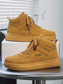 أحذية رياضية كاجوال عالية الكعب للرجال بتصميم أحادي اللون بلون الخردل مع رقعة حرفية أمامية مربوطة، أحذية رياضية مريحة وعملية للاستخدام اليومي للمراهقين