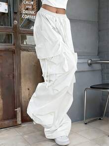 街头高腰翻盖口袋抽绳腰部弹性下摆褶饰休闲阔腿降落伞工装裤 Y2K 音乐节