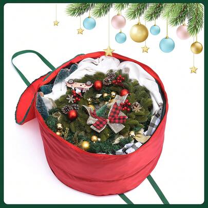 Red Christmas Wreath Storage Bag (Size S), Waterproof Nylon With Tear-Resistant Design, Lightweight And Portable, Double Zippers And Green Handles.