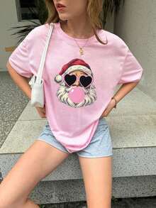 Short-Sleeved T-Shirt With Santa Claus Print - 羅莎 - 查看 1