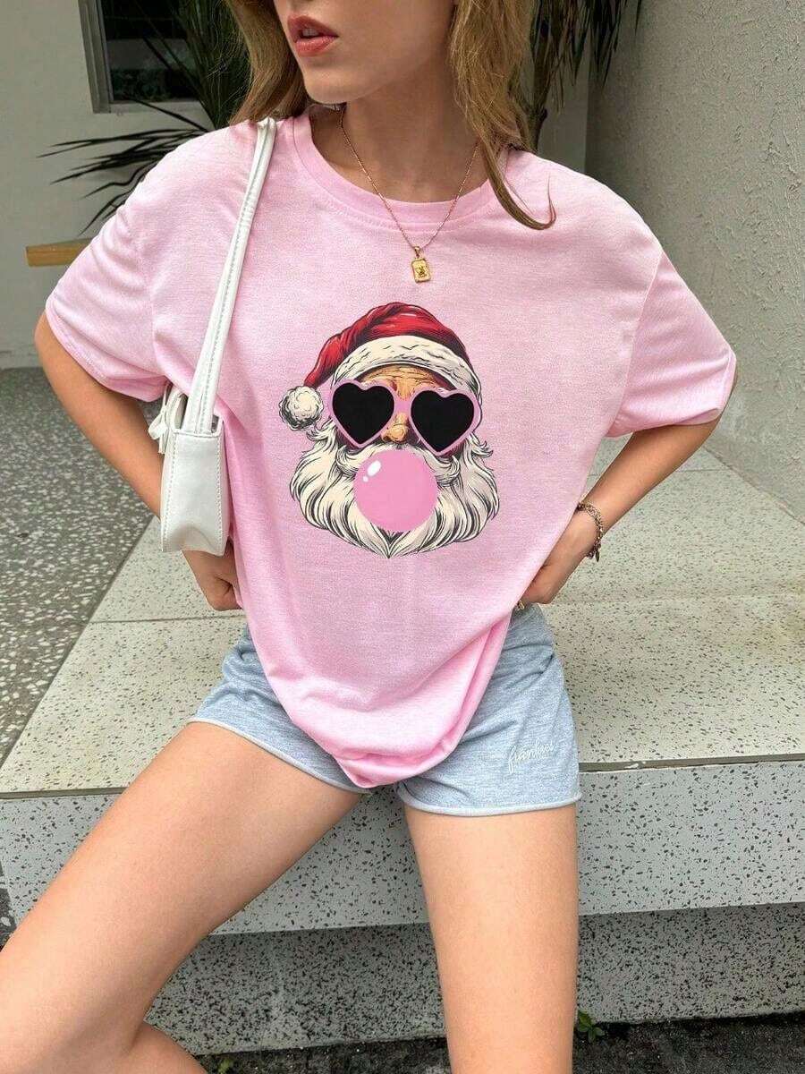 Short-Sleeved T-Shirt With Santa Claus Print - 羅莎 - 查看 1