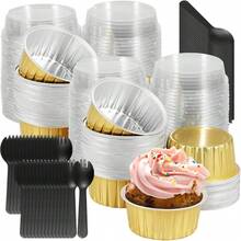 tazas de aluminio para hornear, forros para cupcakes con tapas, moldes para tartas con tapas y cucharas, tazas desechables para hornear de 5 onzas, para panadería, picnic, boda, de - 1 - Ver 1