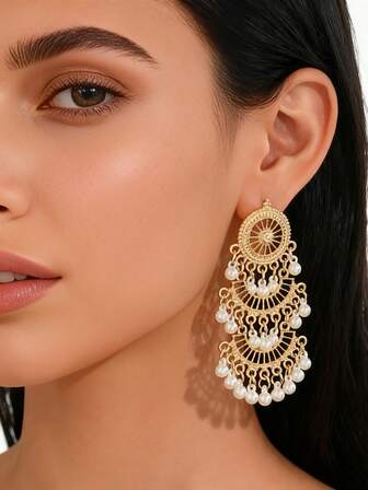 Fashionable Faux Pearl Earrings,Three Layer Hollowed Out Gold-Plated Pendant Earrings For Women's Daily Or Party Wear,Wedding Jewelry Accessories