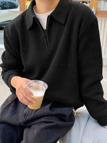 1pc Teen Boys Minimalist Versatile Fashion Personalized Solid Color Comfortable Casual Outdoor Zip-Up Warm Thick Knit Sweater, Spring/Autumn/Winter