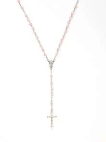 1pc Crystal Christian Catholic Necklace, Virgin Mary Jesus Cross Y-Shaped Long Beads Chains(Pink) - Pink - View 2