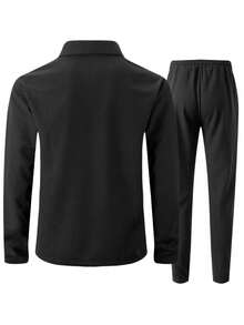 男士两件套，时尚简约拉链外套（带领子和口袋）+抽绳腰裤，轻盈涤纶面料，适合春秋季休闲、日常、度假穿着，也可作为送给男友的礼物。 - 黑色 - 查看 3