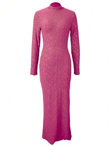Stretchy Round Neck Long Sleeve Velvet Bodycon Sexy Dress, Suitable For Autumn, Christmas, Winter Party, Green - Màu Hồng Tươi - Xem 3