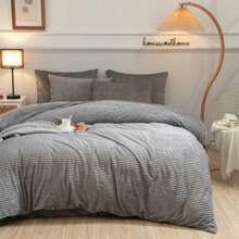 4 Pcs Luxury Coral Fleece Bedding Set - Ultra Soft Plush Duvet Cover With Zipper Closure, 2 Pillow Shams & Flat Sheet, Wrinkle-Free All-Season Use (Twin/Full/Queen/King Size Available) - 灰色 - 查看 10