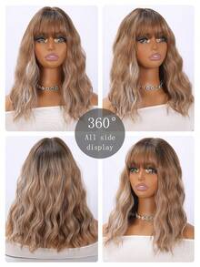 SMILCO 14Inch Honey Brown To Blonde Balayage Water Wave Bob With Air Bangs, Sweet & Energetic Idol Vibes, Perfect For Stage-Inspired Looks - 棕金漸層挑染 - 查看 7