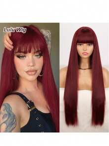 1pc Burgundy Synthetic Heat-Resistant Straight Wig, Red With Bangs, Extra Long 26-34 Inches, Full Machine Wefted Natural Looking Wig For Everyday Wear, Halloween Costume, Party - Burgundy - View 1