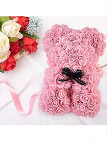 1 pièce Ours en rose, meilleur cadeau pour la Saint-Valentin, la Fête des Mères, l'anniversaire de mariage, l'anniversaire, ours en peluche fait main, ours en fleurs préservées mignon et romantique (boîte-cadeau non incluse) - Rose pâle - Voir 3