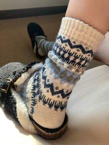 2/5双装女士多色组合袜子，菱形印花和费尔岛雪花图案，仿羊毛针织面料，加厚款，适合秋冬季节，男女皆宜，复古水手袜，适合居家、通勤、上学、约会、节日礼物 - 彩色 - 查看 7