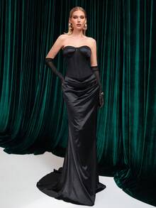 LOVE&LEMONADE 黑色无肩带网纱拼接缎面鱼尾长款正式晚礼服 - 黑色 - 查看 3