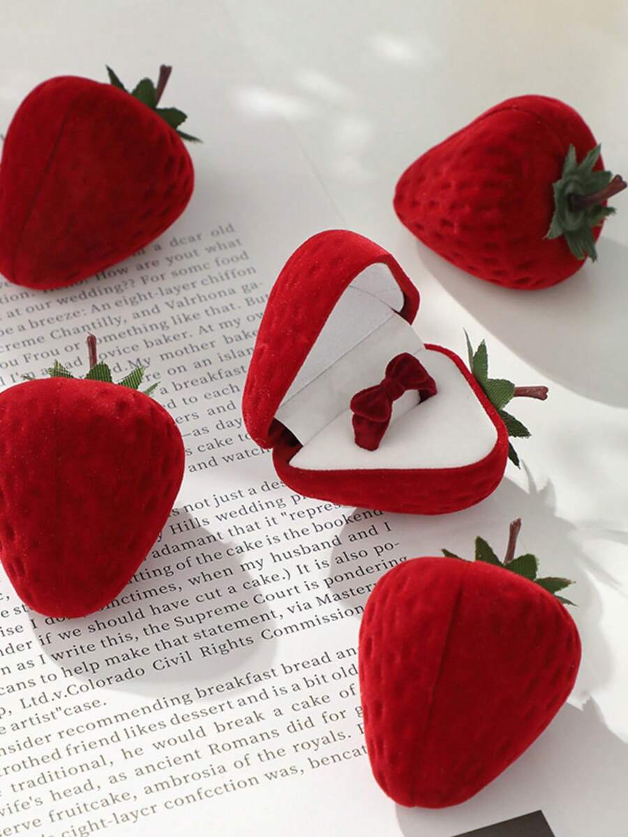 草莓推荐植绒首饰盒，可爱戒指盒礼盒 - 彩色 - 查看 1