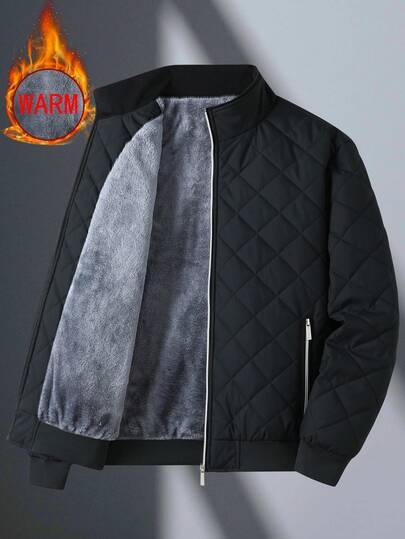 1pc Thermal Lined Stand Collar Jacket For Men, Casual Zip-Up Windbreaker Coat For Winter, Thermal Lined, Zipper Pockets, Suitable For Daily Wear, Holiday Gift