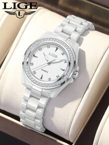 LIGE女士腕表，陶瓷表带，独特表盘。休闲又不失精致的石英腕表。防水，适合日常佩戴。