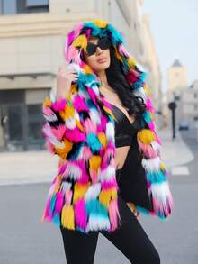 FHILLINUO 女士冬季外套 - 彩虹印花，柔软人造毛皮面料，宽松连帽设计，长袖，蓬松质感 | 适合圣诞节、新年、休闲街头穿着、旅行、下午茶聚会和派对。 - 彩色 - 查看 10