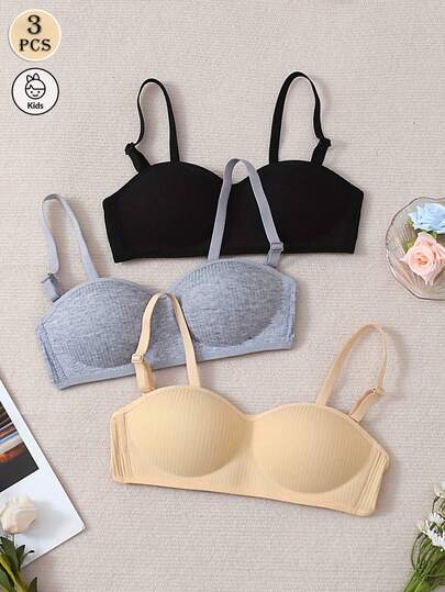 3PCS Teen Girl Ribbed One-Piece Molded Cup Bra, Comfortable Detachable Shoulder Straps Bra, Soft Thin Pad, Wire-Free Bra,Suitable For Girls Aged 13-16