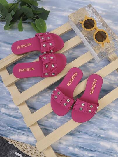 1 Pair Girls' Summer Fashion Slippers, Solid Color PU Upper With Rhinestone Design, Soft Sole Comfortable Suitable For Older Kids, Indoor & Outdoor Wear