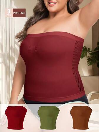 LRNG XMNG EA 3pcs Plus Size Women Strapless Seamless Wireless Comfortable Elastic Breathable Solid Color Elegant Casual Sleeveless Underwear, Backless Design High Elasticity Shapewear Top