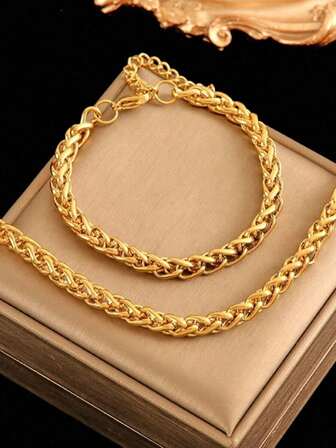 2 件不锈钢链项链和手链首饰套装，女士镀金时尚设计派对/节日礼物