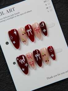 10 Peças Adesivos de Unhas em Formato de Amêndoa Feitos à Mão com Desenhos de Cereja, Estrela de Cinco Pontas, Flor de Cerejeira, Laço, Decoração Bonita para Festas, Casamentos, Uso Diário, Inclui Ferramentas de Manicure, Ótimo Presente para Mulheres e Meninas