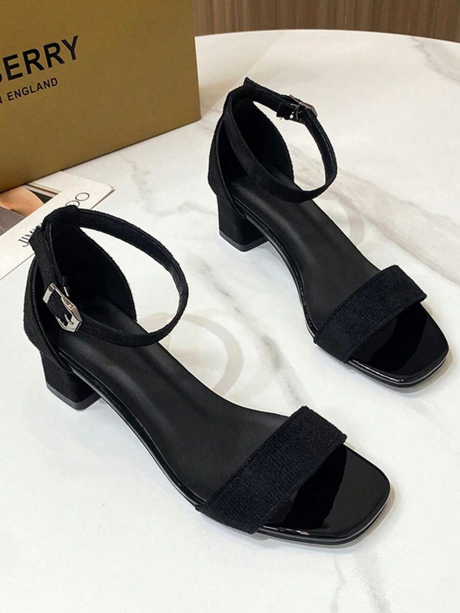 女士黑色粗跟凉鞋，学生百搭露趾罗马高跟鞋 - 黑色 - 查看 1