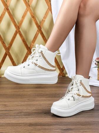Fall/Winter Thick-Soled Boots Detachable Gold Chain Accent Casual British-Style Women's Ankle Boots Thick Soft-Soled Lace-Up Short Boots, New Versatile Height-Increasing White Women's Shoes Christmas/New Year Gift, Lightweight & Comfortable Women's High-Top Sneakers, Suitable For All-Day Wear