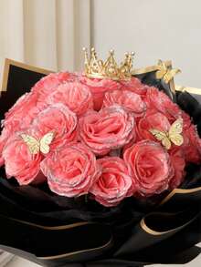 MEHELANY 12/6/1件套人造闪光玫瑰花束，粉色银边人造玫瑰，永不凋谢的闪光人造DIY玫瑰花束，适合周年纪念、订婚、结婚礼物、情人节、母亲节、生日礼物装饰，家居、房间、办公室、厨房装饰，派对装饰，DIY花环花瓶填充假花，情人节装饰，母亲节装饰，送给女朋友、母亲、女士的生日礼物（含礼品包装） - 粉色 - 查看 3