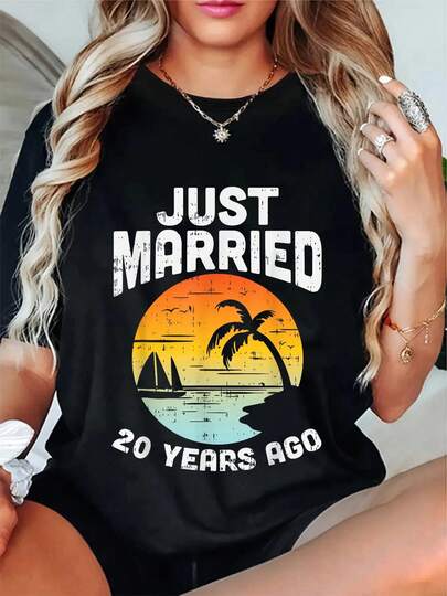 100% Cotton Just Married 20 Years Ago Anniversary Cruise Couple Gift T-Shirt Women's Men's Graphic Tee Crew Neck Classic Fashion Summer Vacation Tops