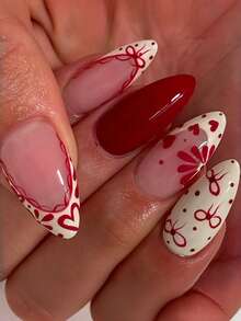 Bộ 24 miếng dán móng tay chủ đề Ngày Valentine: Phong cách sinh viên màu đỏ tía thanh lịch, được trang trí bằng nơ, trái tim, chấm bi và họa tiết cánh hoa dễ thương. Được làm từ chất liệu acrylic, miếng dán móng tay (móng giả acrylic), hình dáng hạnh nhân cỡ trung bình. Lý tưởng cho các buổi hẹn hò, dạ hội, tiệc tùng của các quý cô, và là món quà Ngày Valentine hoàn hảo - dành cho bạn gái để tăng thêm vẻ thanh lịch. Dụng cụ làm móng - Nhiều màu - Xem 2