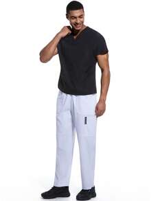 cimmuovere Pantalones cargo de corte slim para hombres, con cierre de cremallera, 5 bolsillos, cintura elástica, tejido elástico, fácil cuidado, uniforme para hombres/uniforme médico - Blanco - Ver 8