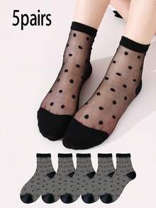 5 pares de calcetines cortos transpirables y transparentes con lunares lindos para niñas, de material de malla ligero, adecuados para el uso diario de niñas en primavera/verano - Negro - Ver 9