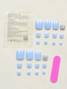24pcs Short Square Toe Nail Tips, Blue Full Rhinestone Cute Alloy Acrylic Press-On Nail Set (Includes: 1pc Jelly Gel And 1pc Nail File), Suitable For Women Daily, Date, Party Press On Nails - Multicolor - View 2