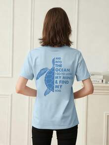 Women's Summer New Simple Slogan Print Casual Vacation Loose Fit Round Neck Short Sleeve T-Shirt, Fashionable Everyday Top, Suitable For Daily And Vacation Wear. Women's T-Shirt Top. - Baby Blue - View 2