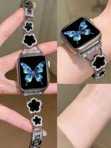 1pc Watch Band, Five Leaf Clover Diamond Silver Copper Strap, Summer Flowers Metal Bracelet,Compatible With Apple Watch 38/40/41/42/44/45/46/49 Mm, Compatible With Apple Watches Series Ultra3/2/1/Se/11/10/9/8/7/6/5 4/3/2/1 - Black Silver - View 3