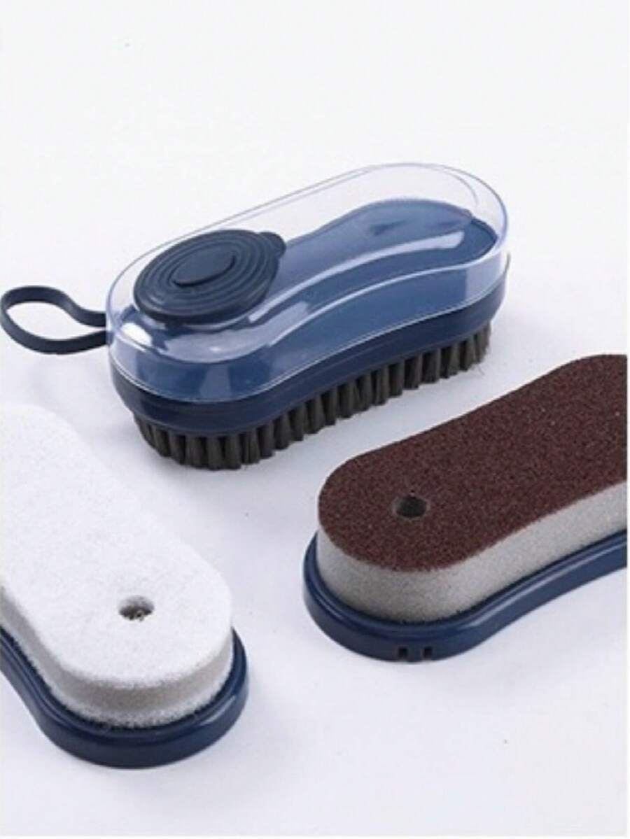 3pcs/Set Multi-Functional Hydraulic Sponge Scrub Pads, Includes Shoe Brush, Cleaning Brush, And Scrub Pad With Liquid Dispenser - Blue - View 1