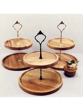 一套木制双层蛋糕甜点架，水果零食展示架，棕色托盘甜点展示架，烘焙甜点架，蛋糕装饰支架，多层托盘，适用于厨房、餐桌装饰、婚礼装饰、派对用品。