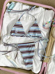 女士基础款条纹印花泳衣，适合夏季泳池、海滩等各种场合，日常三角系带比基尼沙滩度假装 - 藍卡色 - 查看 7