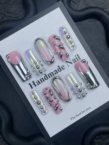 10片装可爱粉色长方形亚克力美甲贴纸套装，3D装饰，Y2K铬金线条美甲设计，朋克风亮面法式美甲贴纸，美甲用品，闪亮假指甲，适合女性和女孩在婚礼当天佩戴 - 粉色 - 查看 4