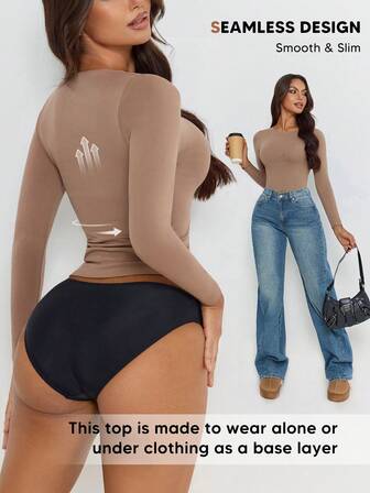 เสื้อยืดแขนยาวคอกลมสำหรับผู้หญิง ผ้าที่มีความยืดหยุ่นสูงสำหรับการกระชับเบา ๆ และควบคุมหน้าท้อง ความยาวปกติ