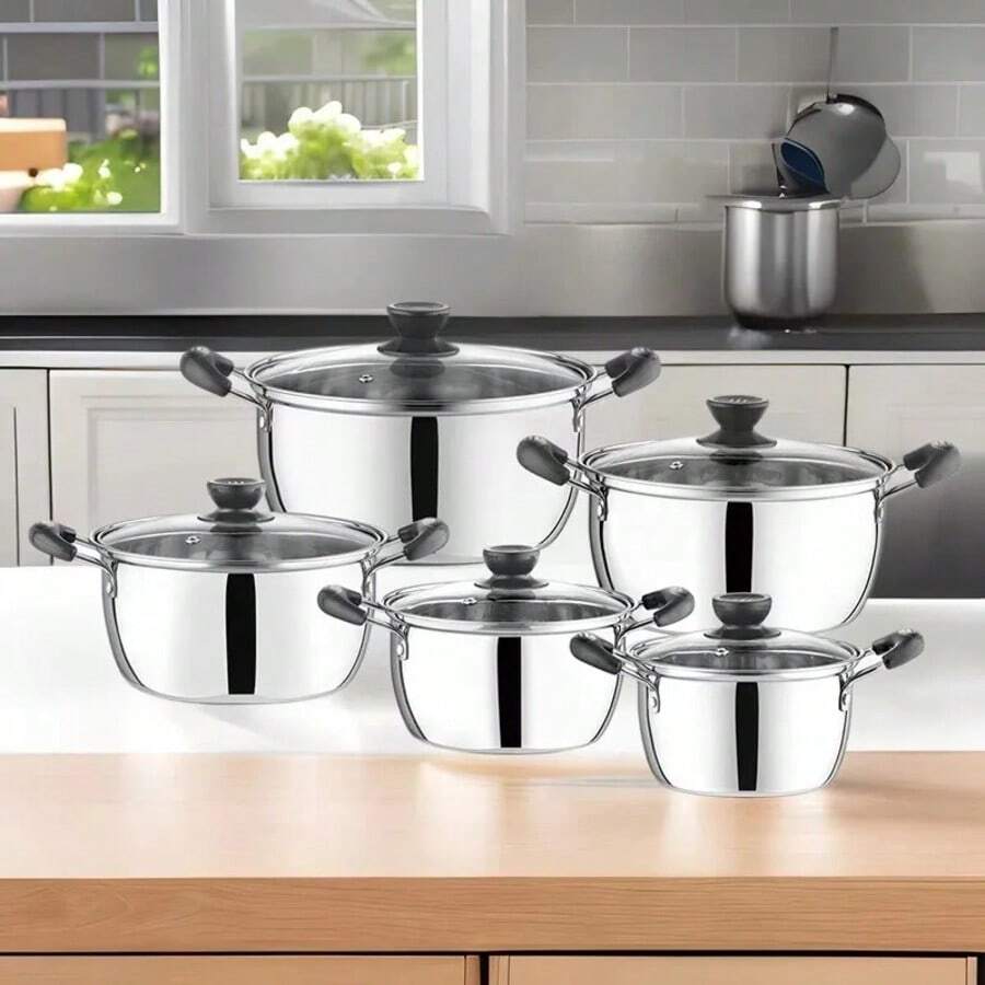 Set 5 ollas Acero Inoxidable con tapa de vidrio Diferentes tamaños - Plateado - Ver 1