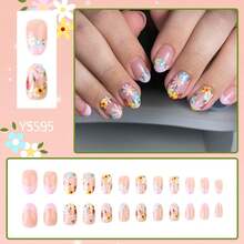 24Pcs Flower Press On Nails Extra Short Almond Fake Nails Colorful Floral Artificial Spring Nail Design French Tip False Nails Pink Full Cover Glue On Nails For Women Girls Acrylic Nails Decoration - 豹紋假指甲-10 - 查看 9