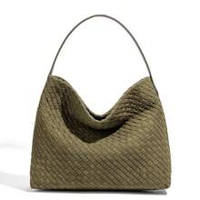 34厘米橄榄绿编织皮革新月形手提包，大容量单肩/腋下包，手工编织纹理复古风格休闲女包，适合通勤、装笔记本、购物、办公，轻便斜挎包 - 彩色 - 查看 15